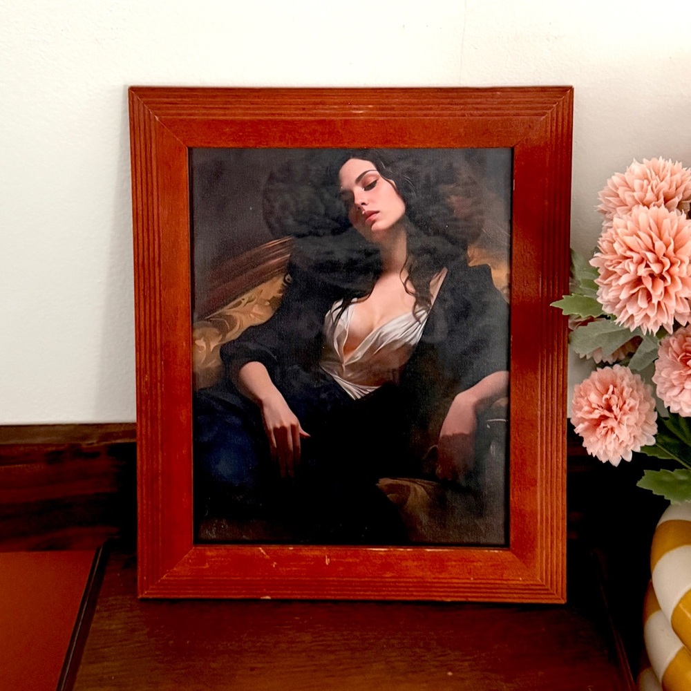 Vintage Style Coquette Woman Portrait Canvas Art Print Vtg Wood Framed Wall Art